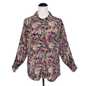 Vtg 80s Kay Layne Floral Paisley Blouse 12 Large Multi-Color Long Slv Button Up